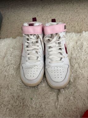 Nike Kids White and Pink High-Top Sneakers with Burgundy Swoosh